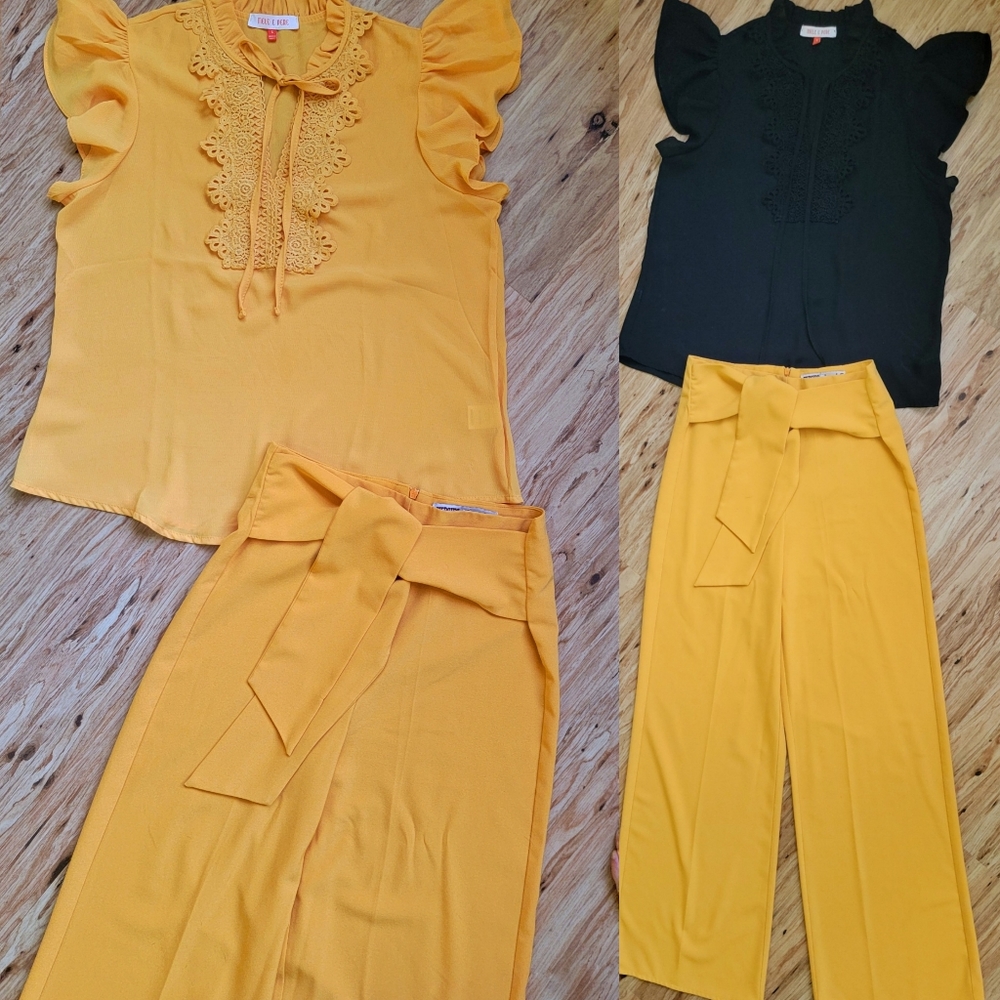 Set: 2 Sleeveless Blouses with Gold Dress Trousers